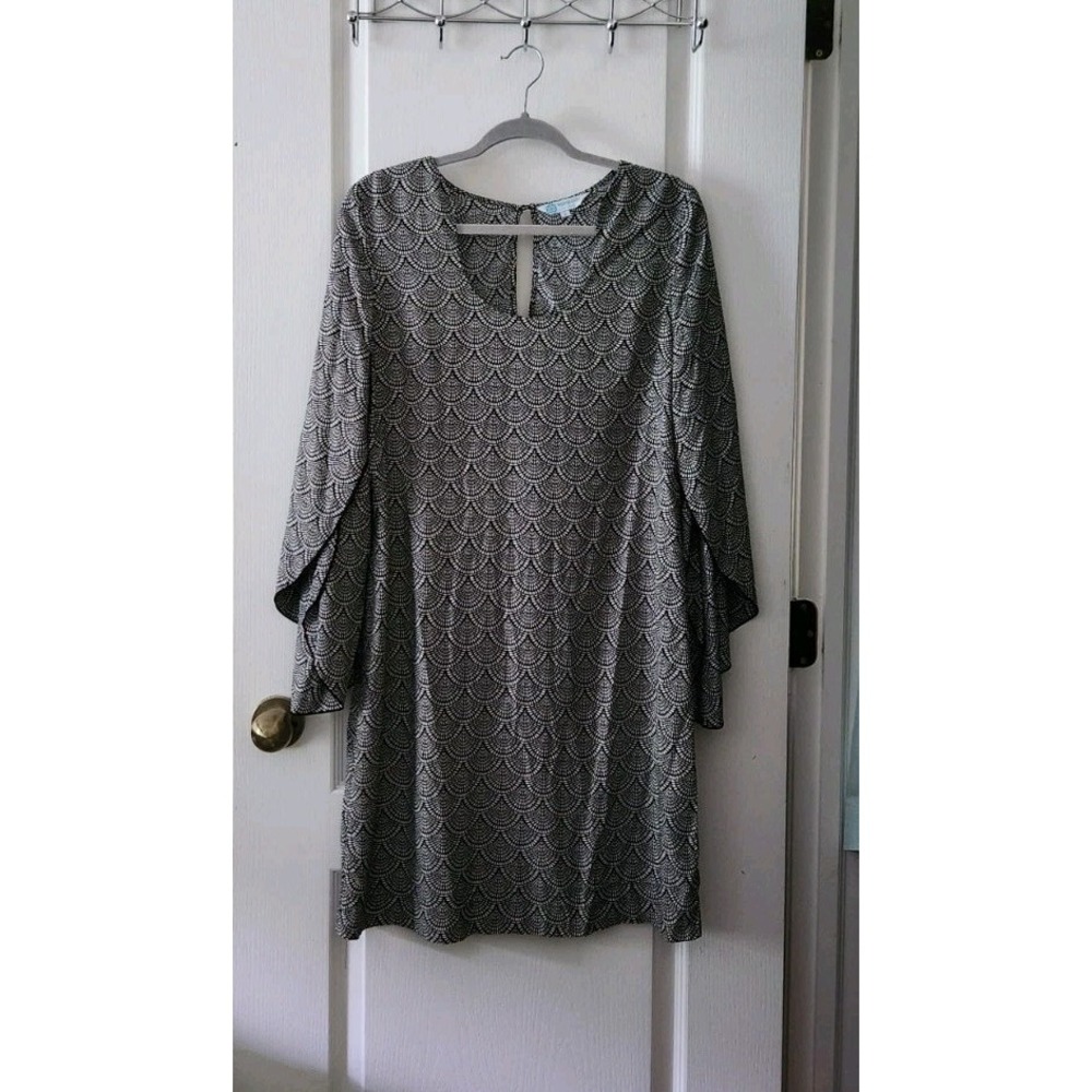Escapada Living Womens Knee Length Dress Bell Open Sleeve Black White Rayon Sz S